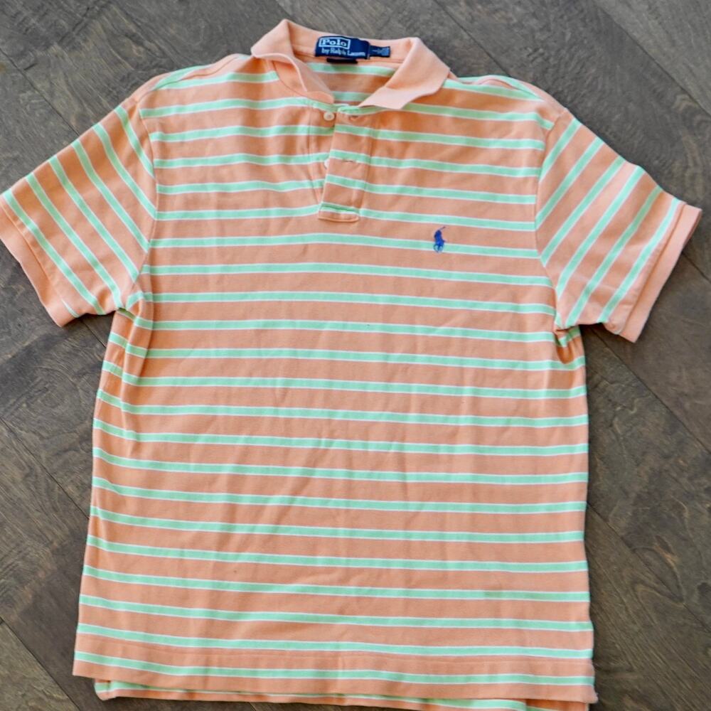 Polo Ralph Lauren Short Sleeve Striped Custom Fit Polo Shirt Orange‎ Mens Sz L